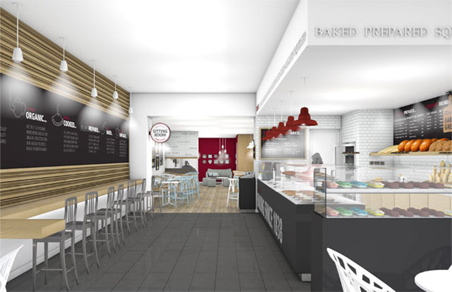 Looking towards the back of Simmons bakery store