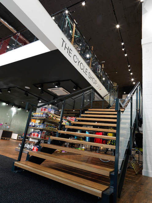 Stairs inside the Triathlon Shop