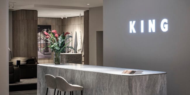 Image shows a large grey marble point of sale in King Living