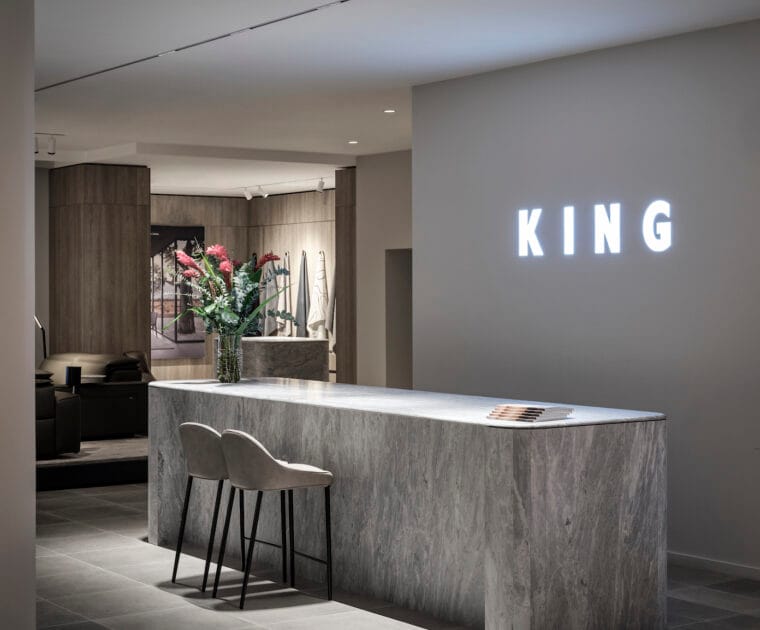 Image shows a large grey marble point of sale in King Living